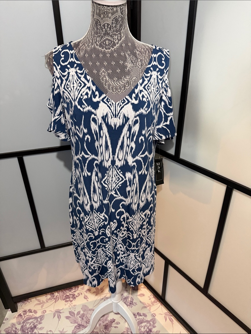 MSK Navy and White Printed Mini Dress